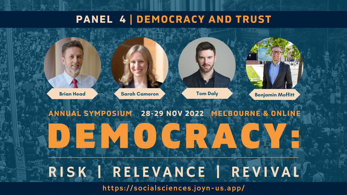 Academy of the Social Sciences in Australia (@acadsocsci) on Twitter photo Join panellists <a href="/sarahcpolitics/">Sarah Cameron</a>, <a href="/DemocracyTalk/">Tomás Daly</a> and <a href="/bjmoffitt/">Benjamin Moffitt | benmoffitt.bsky.social</a> in conversation with chair Professor Brian Head to discuss democracy + trust at our #DemocracySymposium next week. Register for in-person/online👉🏽socialsciences.joyn-us.app Join panellists <a href="/sarahcpolitics/">Sarah Cameron</a>, <a href="/DemocracyTalk/">Tomás Daly</a> and <a href="/bjmoffitt/">Benjamin Moffitt | benmoffitt.bsky.social</a> in conversation with chair Professor Brian Head to discuss democracy + trust at our #DemocracySymposium next week. Register for in-person/online👉🏽socialsciences.joyn-us.app