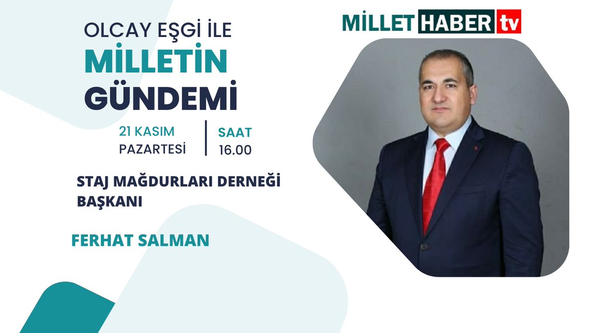 Bugün Saat 16.00 da <a href="/millethabertv/">Millet Haber Ajansı</a> de Olcay EŞGİ ile Milletin Gündeminde Staj Sigortası Mağdurlarının vermiş olduğu Hak Mücadelesini Konuşacağız.
#StajSskBaşlangıcıOlsun