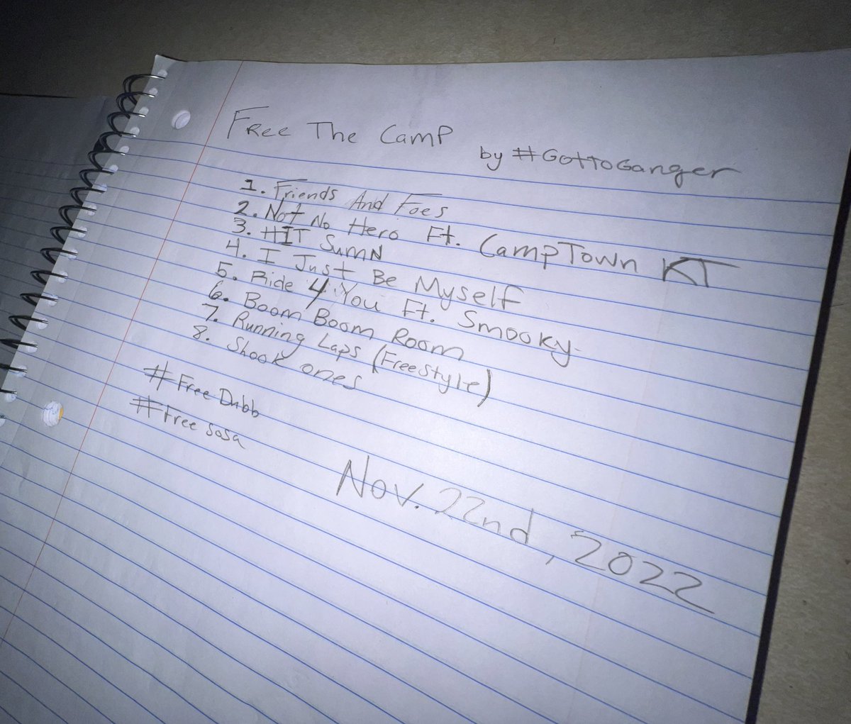 GottoGang's tweet photo. Free The Camp 🏕 Nov 22nd!
OFFICIAL TRACKLIST
#FREEDUBB
#FREESOSA https://t.co/soP5XT8xOl
