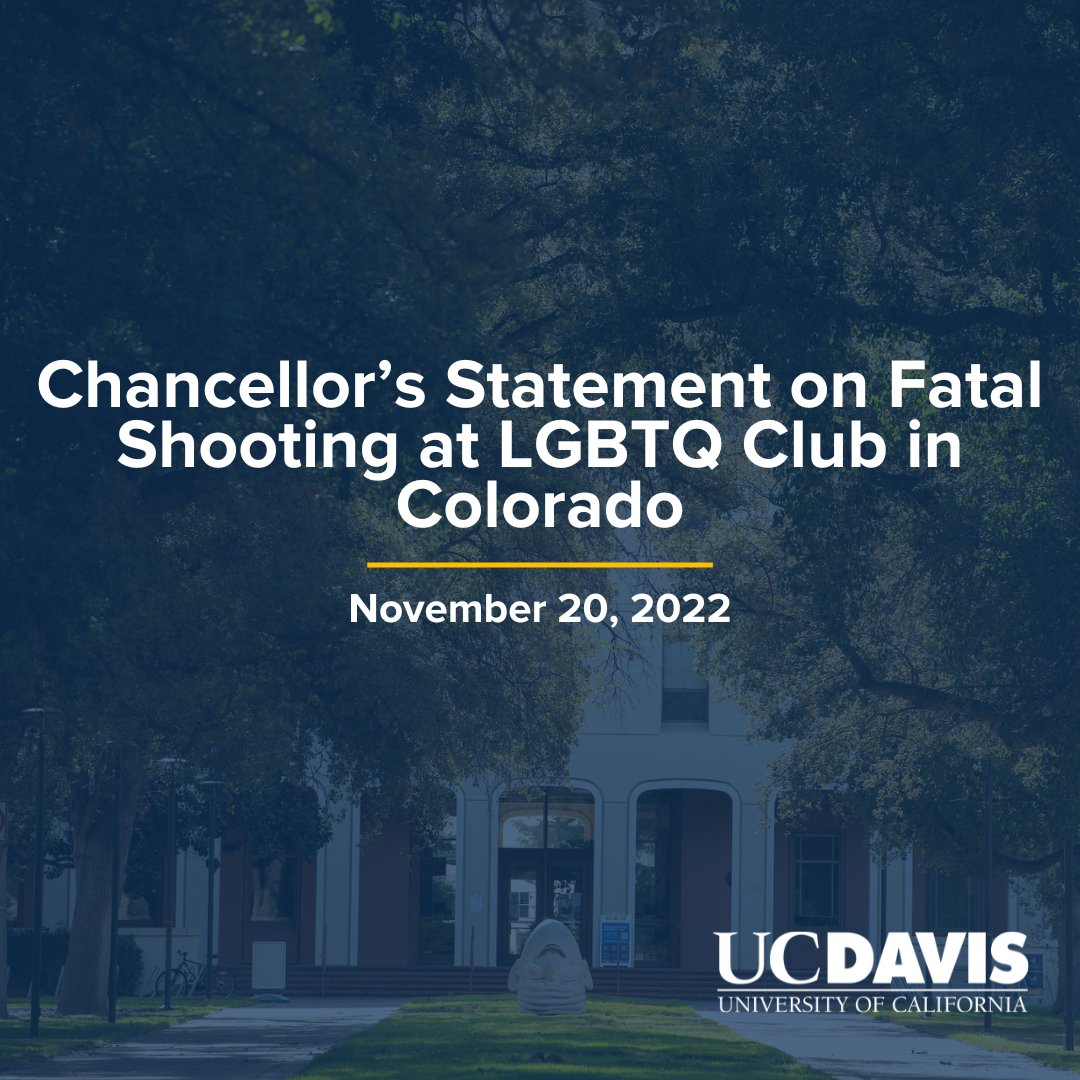 Chancellor_May's tweet photo. Like many of you, I am devastated by the shooting that occurred last night at Club Q, a club for the LGBTQ+ community in Colorado Springs, Colorado. This latest atrocity happened just hours before today’s Transgender Day of Remembrance.
(1/2) https://t.co/jOWvgfmu24