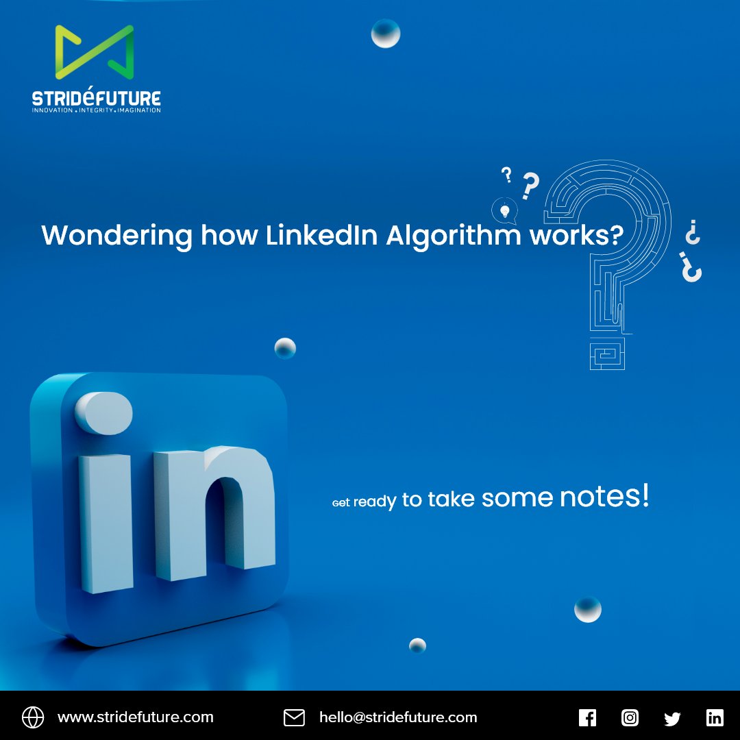 StridefutureT's tweet photo. LinkedIn was initially introduced for career development and professional networking, however, since then LinkedIn has come a long way!  

Here’s how the LinkedIn algorithm functions to support your marketing objectives 👇 

#linkedinalgorithm  #stridefuture #strideservices https://t.co/fjCOk4K2WM