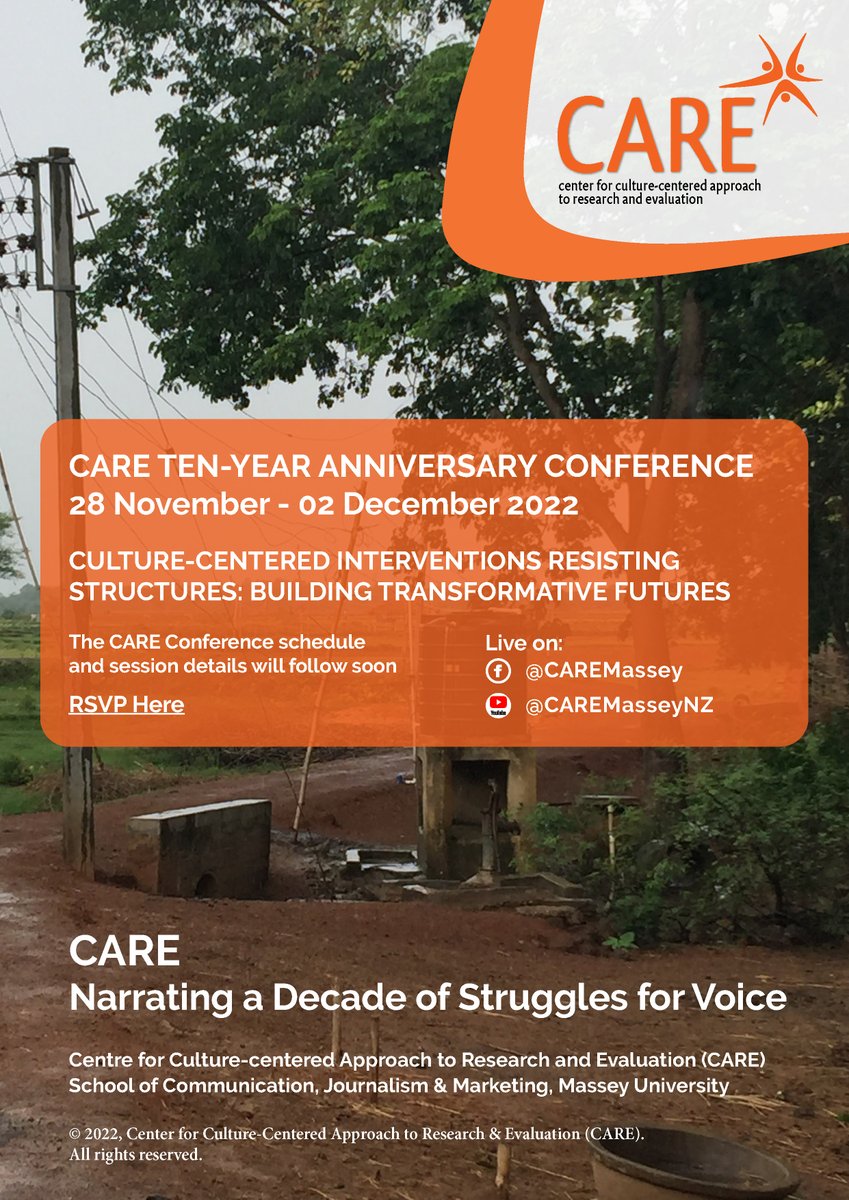 CAREMasseyNZ's tweet photo. @CAREMasseyNZ invites you to it's 10th Anniversary Conference- 28th November - 2nd December 2022,themed on Culture-centered interventions resisting structures: Building transformative futures.
Venue: Communication Lab, BSC B1.08, Manawatu Campus, @MasseyUni
More info to follow https://t.co/AcM2MVWfbF