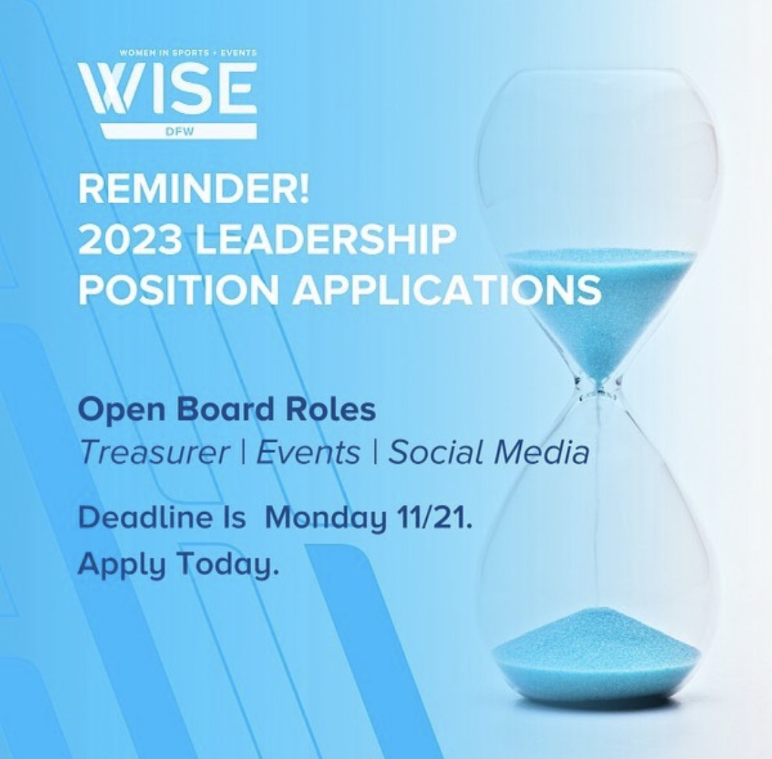 TOMORROW is the last day to submit your applications for a chance to be on our 2023 WISE DFW Leadership Board! 🗣

DM us for any questions! 

Click below to apply! 

lnkd.in/dwQ8Qzyd