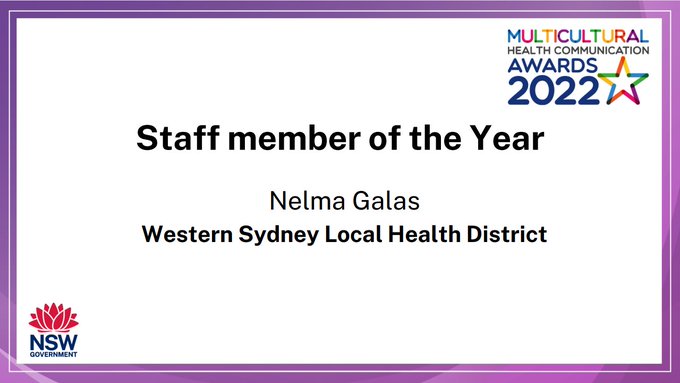 WestSydHealth's tweet photo. Congratulations to the winner of the Staff Member of the Year Category at the NSW Multicultural Health Awards @mhcsnsw
Nelma Galas @WestSydHealth
#MulticulturalHealthAwards
Well done Nelma!! https://t.co/zb9Ztexufd
