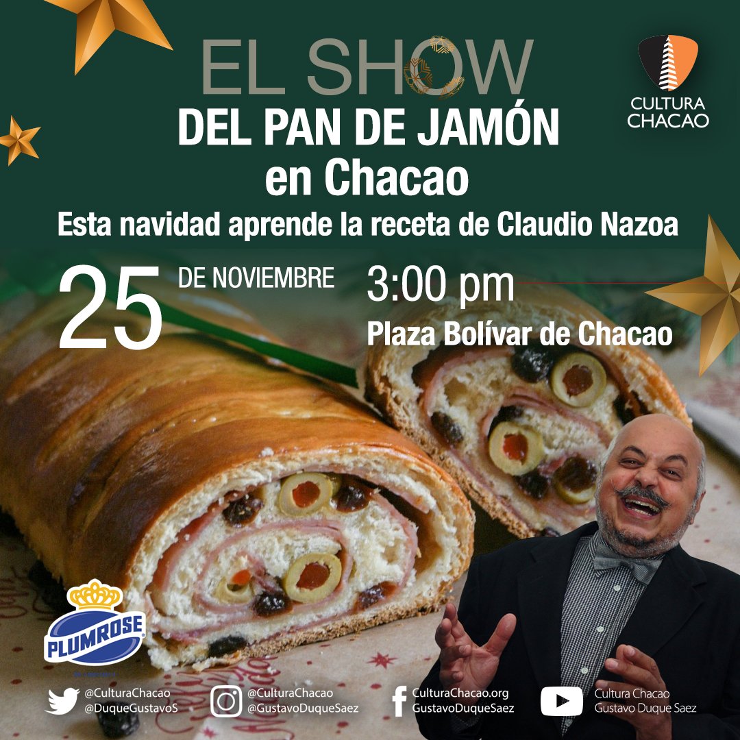 Les invitamos junto a nuestros aliados de <a href="/plumrosevzla/">Plumrose Venezuela</a> 
a disfrutar en familia del 
✨El show del pan de jamón en Chacao con Claudio Nazoa <a href="/ClaudioNazoa/">Claudio Nazoa</a>
Aprendamos juntos su deliciosa receta 🤩

📆 viernes #25nov
🕒 A las 3:00 pm
📍En la Plaza Bolívar de Chacao
Entrada gratuita