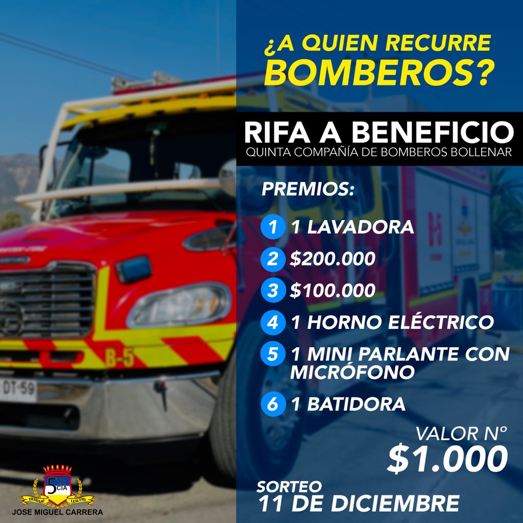 Quinta_Bollenar's tweet photo. ¡¡ALERTA DE CAMPAÑA ECONÓMICA!!

Recuerda que nuestra campaña económica, estaremos vendiendo números de rifa durante los meses Noviembre y Diciembre. 🚒

Premios a repartir
✅ 1 Lavadora
✅ $200.000 
✅ $100.000
✅ 1 Mini Parlante con micrófono
✅ 1 Horno eléctrico 
✅ 1 Batidora https://t.co/F5fcsZChfN