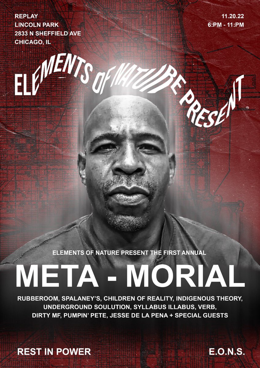 jessedelapena's tweet photo. Tonight! Sunday 11.20.22 we are celebrating the life of MetaMo (Brian Hines) of Rubberoom @ Replay Lincoln Park (6-11pm) 2833 N. Sheffield
#MetaMorial #MetaMo #Rubberoom #ChicagoHipHop #BlueGroove #ElementsOfNature https://t.co/PSeWvXEPLZ