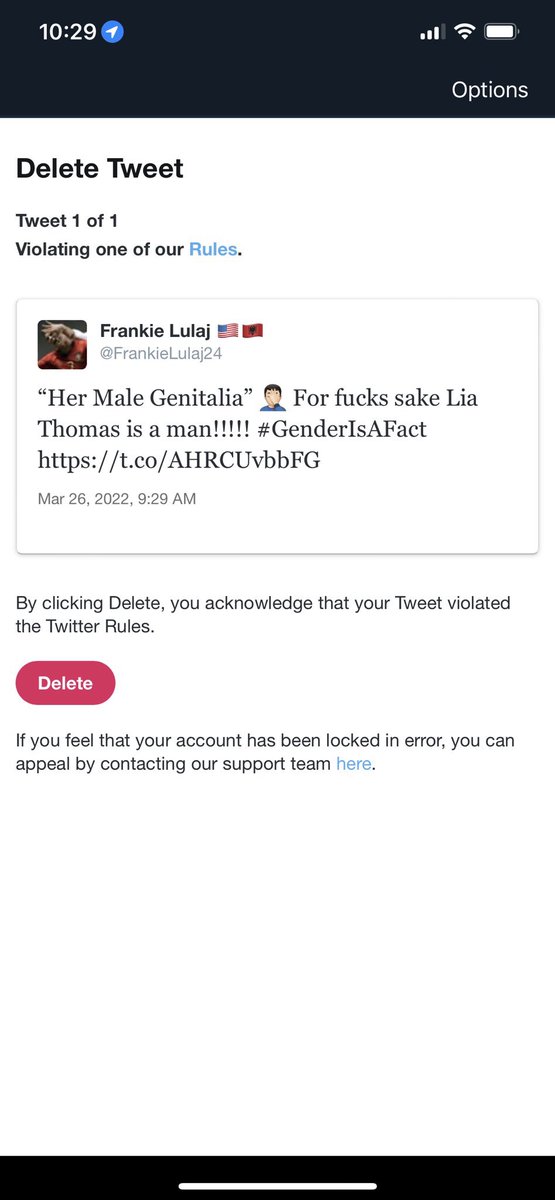 NotACommunist73's tweet photo. On March 26, 2022 the former evil trolls of @Twitter said below that my comments are words of hate. I just stated facts, feelings are just emotions. Lia Thomas is a man and #GenderIsAFact. I refuse to delete it bc I know I didn't say anything wrong. #FreeFrankieLulaj24 @elonmusk https://t.co/3ZZRRhOMfI