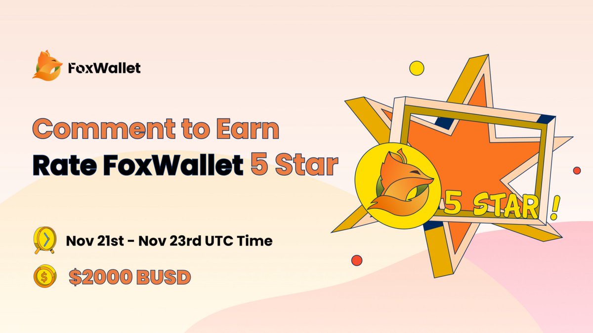#FoxWalletAnn1versary Comment to Earn (✍️,💰)
Rate FoxWallet 5 Star, Sharing Up To $2000 in $BUSD

⌛️Nov 21st — Nov 23rd UTC
✅Get to know the rules &amp; Start the quest: ratefoxwallet5star.crew3.xyz/questboard

🔗Details: medium.com/@FoxWallet/com…