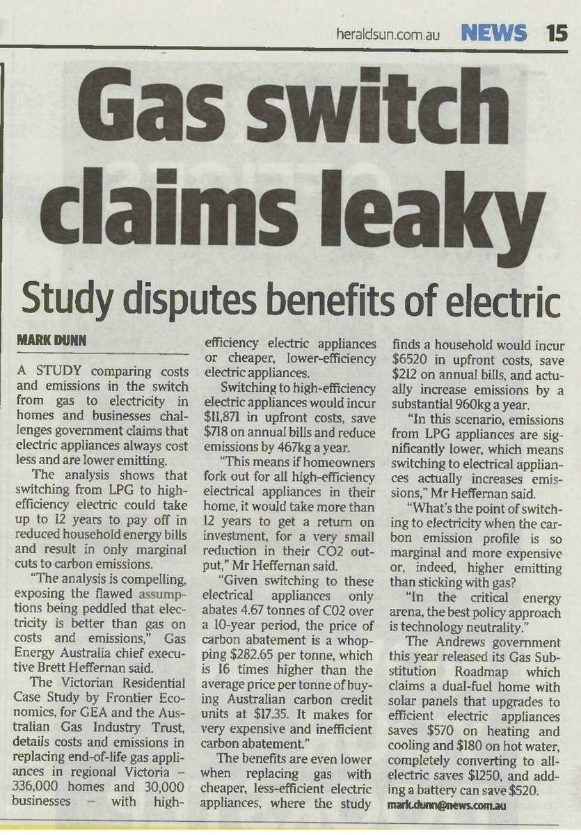 GasEnergyAust's tweet photo. The analysis is compelling, exposing the flawed assumptions being peddled that electricity is better than gas on costs and emissions. It proves that switching to all-electric appliances doesn't add up - today’s Herald Sun… https://t.co/IGuFX4eQa1