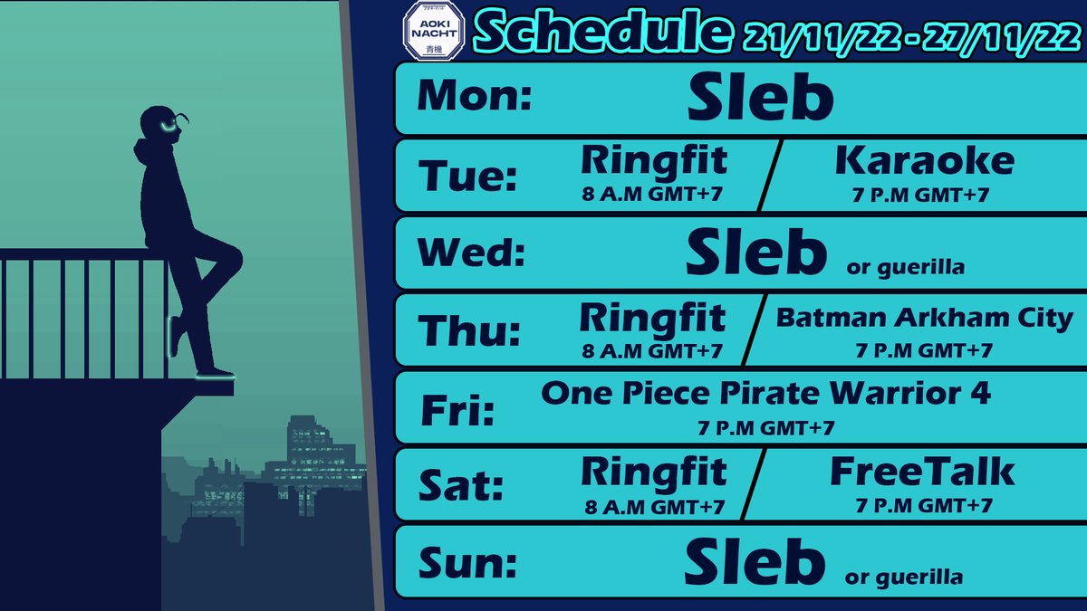 7810Aoki's tweet photo. Jadwal minggu ini!!!!
Hashtags:
【General】: #Aoki_Nacht
【LIVE】 : #Night_Live
【Fan Name】: #Aokids ⚙
【Fanart】: #Nacht_Art
【MEME】: #Imbluebadabee
【Announcement】: #Synthfo
#Night_Live #Synthfo #VtuberID #Vtuber #VTuberUprising https://t.co/ORn8ZQkVD1