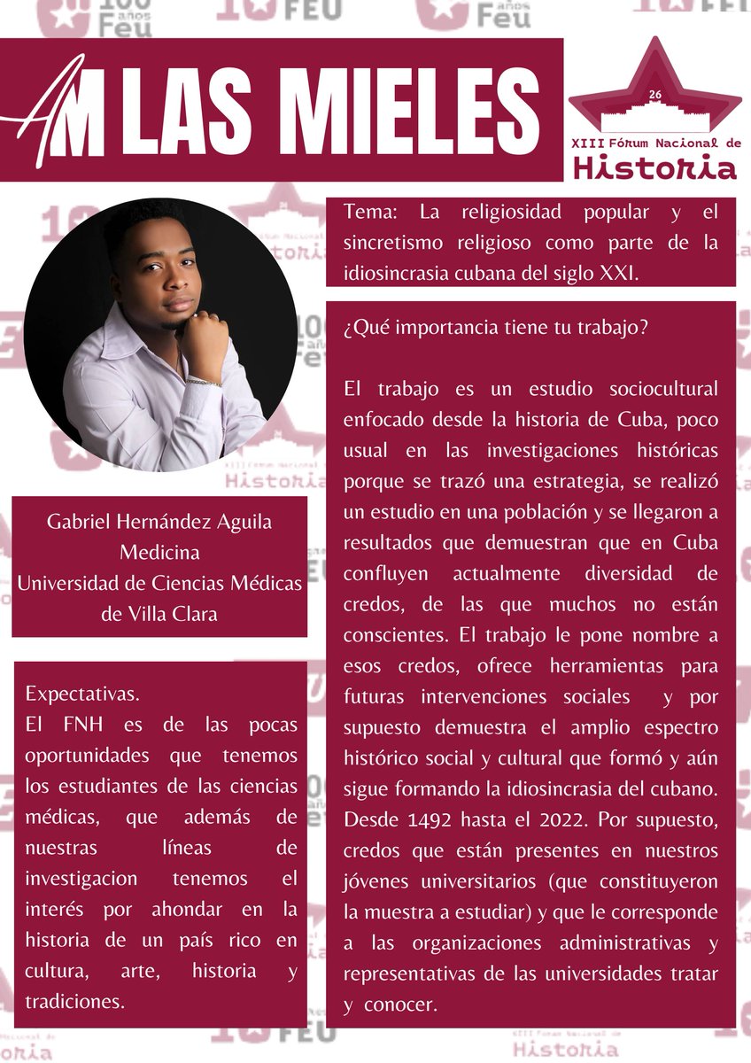 feu_orientec's tweet photo. 📌Seguimos con nuestra sección "Las Mieles" para que conozca más sobre nuestros delegados al XIII Fórum Nacional de Historia 📚.
¿Quieres saber quienes son nuestros delegados y de qué tratan sus trabajos? 🤔
Desde el centro del país nos llegan estas mieles🍯
#OrgulloUO #XIIIFNH https://t.co/w8hR2IUwlz