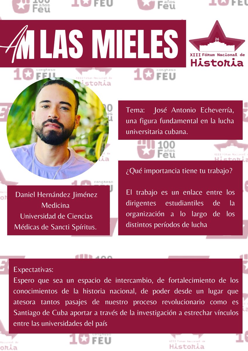 feu_orientec's tweet photo. 📌Seguimos con nuestra sección "Las Mieles" para que conozca más sobre nuestros delegados al XIII Fórum Nacional de Historia 📚.
¿Quieres saber quienes son nuestros delegados y de qué tratan sus trabajos? 🤔
Desde el centro del país nos llegan estas mieles🍯
#OrgulloUO #XIIIFNH https://t.co/w8hR2IUwlz