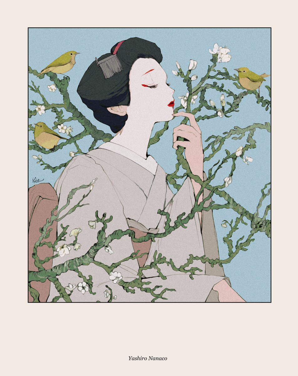 1girl kimono japanese clothes black hair bird solo red lips  illustration images