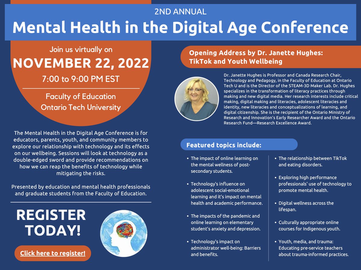 MHinDigitalAge's tweet photo. Join us as we hold the 2nd Annual Mental Health in the Digital Age Conference! This virtual conference will be held on Tuesday, November 22, from 7-9 PM EST. https://t.co/P2nq1I11Zm https://t.co/zLS2h6nKRQ