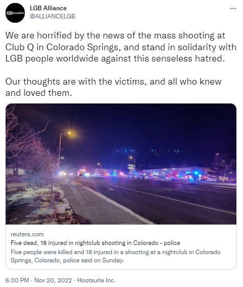 BadWritingTakes's tweet photo. Club Q, a queer nightclub, was shot up hours after posting about their drag brunch to mark the Transgender Day of Remembrance.

5 people were murdered including Daniel Aston, a trans man.

The JK Rowling endorsed LGB Alliance chose to exclude trans people from their "solidarity". https://t.co/DjcOTqvpOq