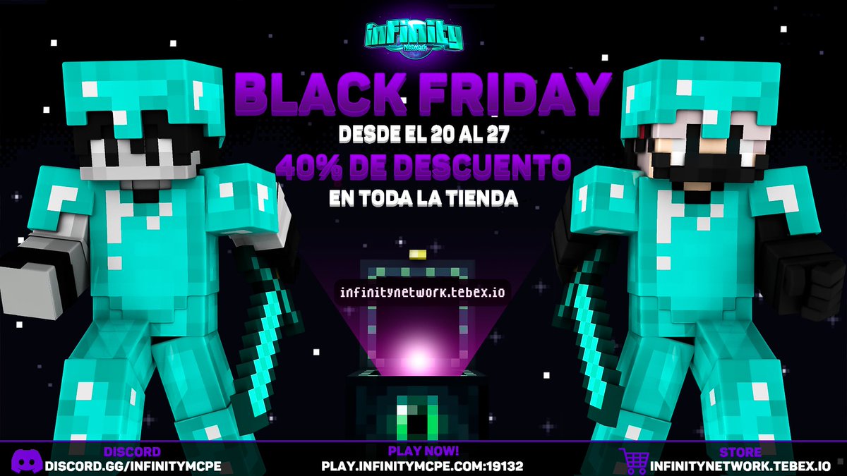 InfinityHCF's tweet image. Infinity | Black Friday🔥 

Actualmente hay un 40% de Descuento en toda nuestra tienda por el Black Friday
Este descuento estará desde el 20 hasta el 27 de Noviembre.

Store: infinitynetwork.tebex.io