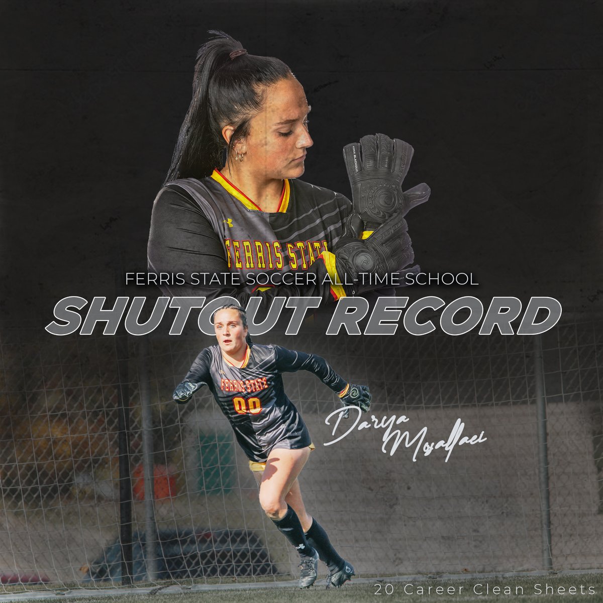 Today's shutout was <a href="/daryamosaa/">darya</a> 20th career clean sheet, a new Ferris State school record.

Couldn't have come at a better time. Congratulations Darya!