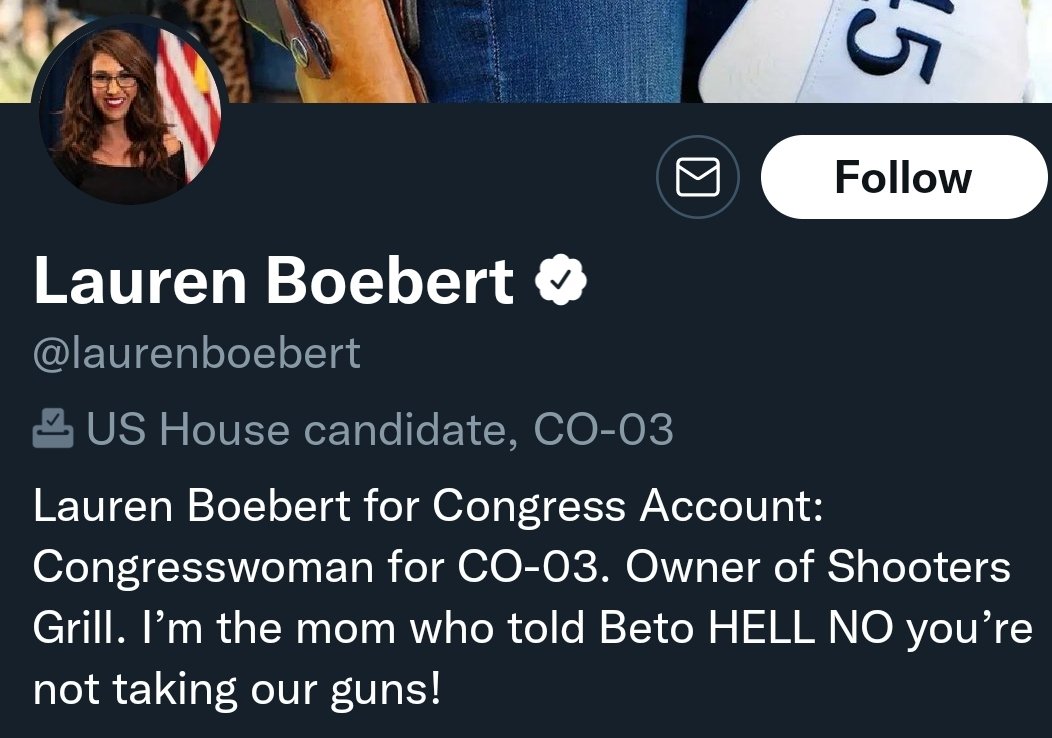 DakotaVRivers's tweet photo. Fucking hypocrite @laurenboebert still has her pro gun stance proudly on her page while the victims of last night's shooting are "in her prayers". I'll believe it when you stop being such a vile fucking human. https://t.co/Di51HU4ibV