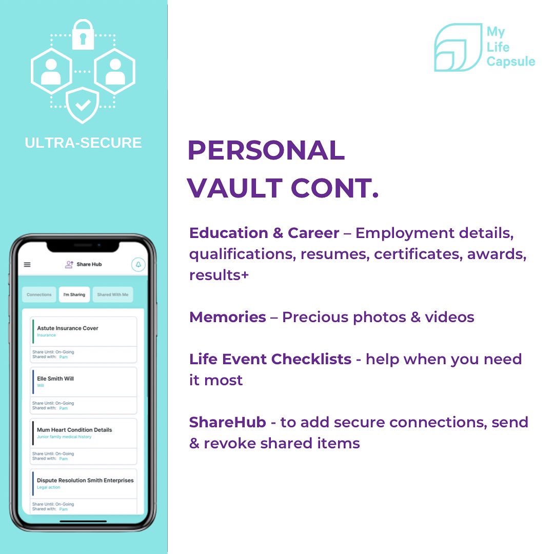 Most people can’t find important personal documents, information or passwords when they need them most. 

My Life Capsule ultra-secure digital vaults help you organise, protect and share critical information to make your life easier.

#dataprotection #dataprivacy #techforgood