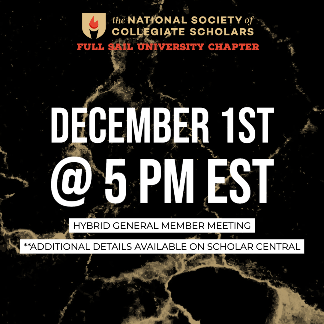 When: December 1st @ 5 PM
Where: On Campus &amp; via Zoom
What: General Member Meeting
Why: We want to see you and provide information and updates on what we're doing in our chapter!

Additional info available on Scholar Central!