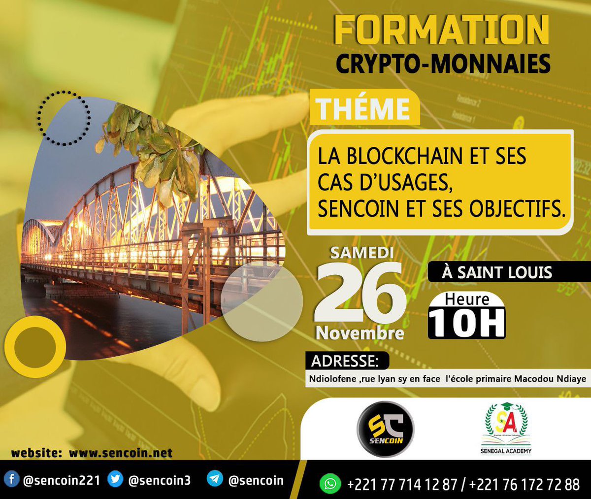 Sencoin3's tweet photo. Hello les SenCoiners heureux de vous annoncer la tenue d’une formation sur les cryptomonnaies à Saint Louis en partenariat avec @AcademySenegal 
Voilà le lien https://t.co/p6xbPAHR9P pour s’inscrire à l’événement.

Ensemble pour créer l’avenir!
#cryptomonnaie #sencoin #saintlouis https://t.co/wW24qWxSf6