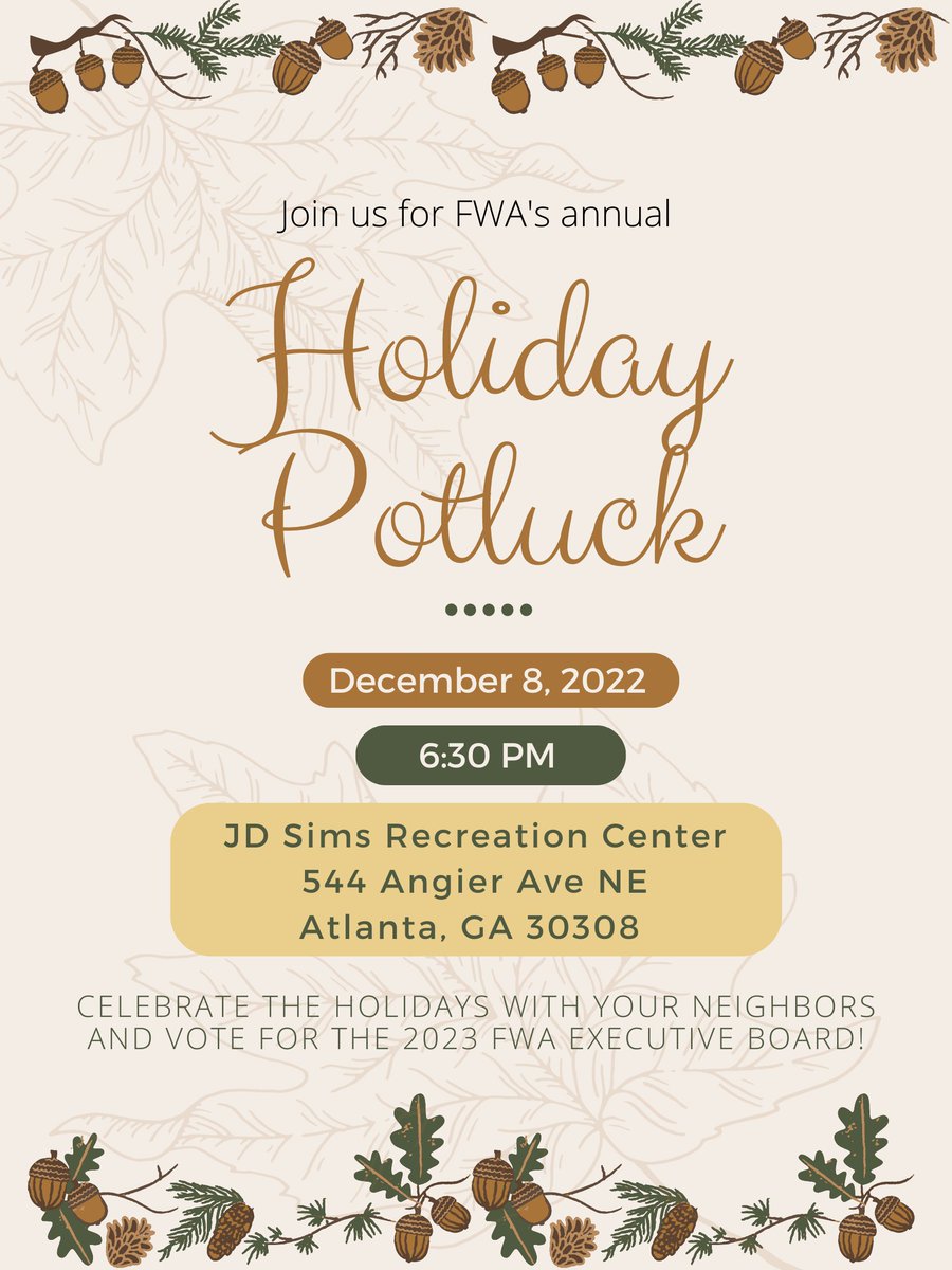 4thWardAlliance's tweet photo. Join us for the FWA 2022 Holiday Potluck!
FWA will provide the turkey, please bring a side dish or dessert to share. Sign-up form: https://t.co/2x6383CIVl
The Potluck will replace the December FWA virtual meeting. We will be voting for the 2023 FWA Executive Board at this event! https://t.co/97YjDfvmm2