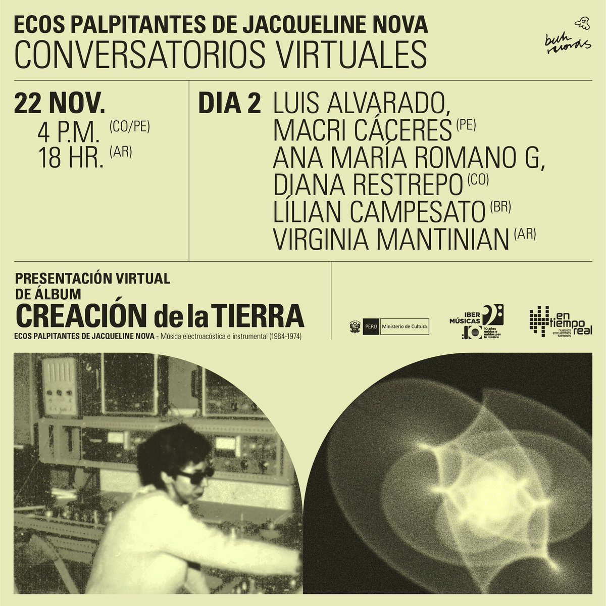En_TiempoReal's tweet photo. Esta semana tenemos dos conversatorios en el marco de las actividades del lanzamiento del vinilo doble CREACIÓN DE LA TIERRA-Ecos palpitantes de Jacqueline Nova: Música electroacústica e instrumental (1964-1974)

📺 Las transmisiones serán por Buh Records https://t.co/xLoyCBYuzd https://t.co/ACHldeWBQh