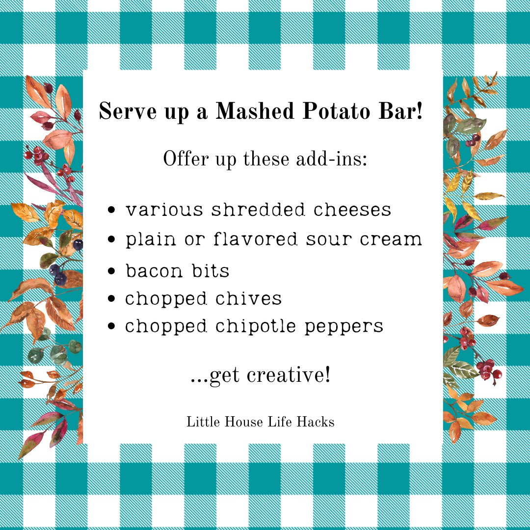 LittleHouseLH's tweet photo. What's better than mashed potatoes? Mashed potatoes loaded with deliciousness! It's the only bar Pa Ingalls would belly up to and we don't blame him. #littlehouseontheprairie #lhotp #littlehouselifehacks #thanksgiving #mashedpotates https://t.co/wPzRWHBmvE