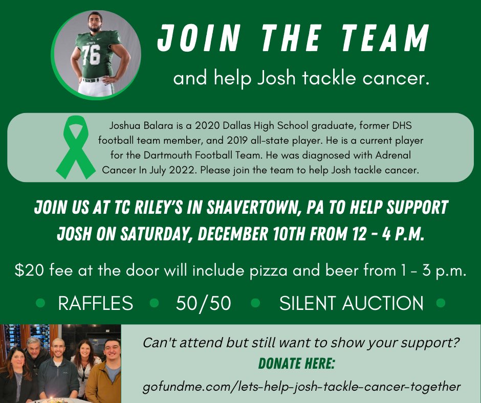 brendanbalara11's tweet photo. My brother Josh is battling cancer. Please share, donate or support however you can! 💚

Come out to the benefit event on December 10th if you’re in the area!

@joshjbal76 

https://t.co/kVIFjKlPxc https://t.co/9p6XeU26dE