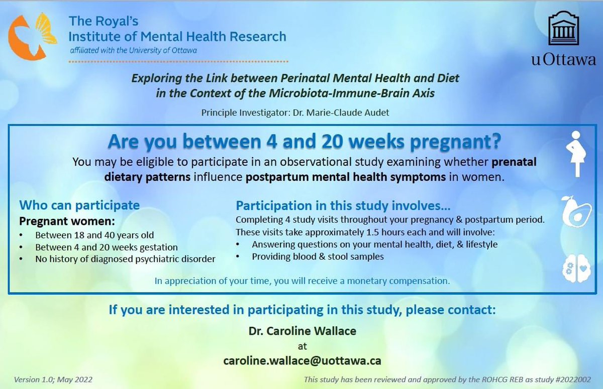 carojkwallace's tweet photo. We are seeking pregnant women in the Ottawa, ON area to participate in an observational study on perinatal diet on mental health out of @uottawa &amp; @TheRoyalMHC 🥑🧠🤰
See below for details &amp; contact information! https://t.co/WMW5R4ucP4