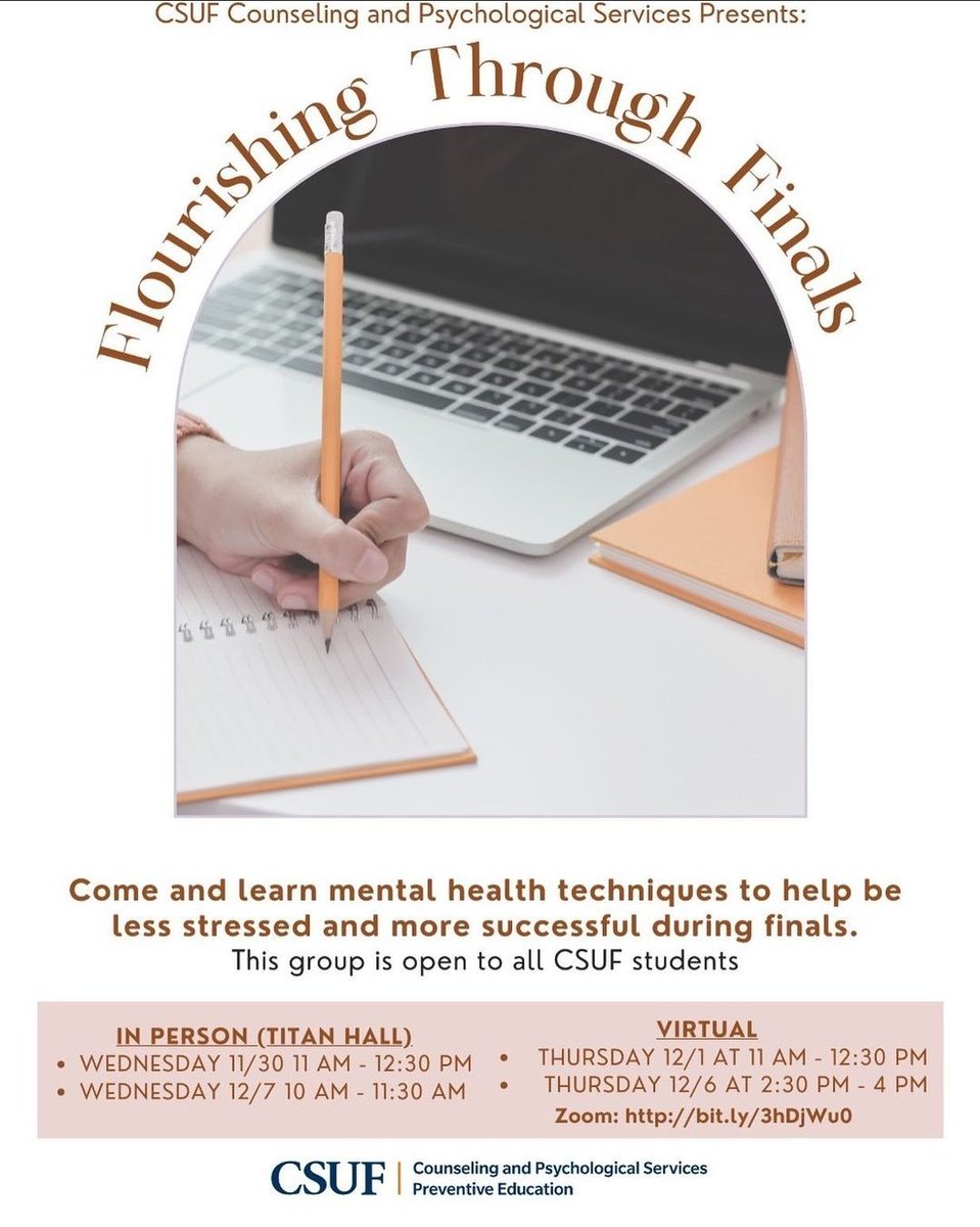 We know it’s Fall Break, but mark your calendars! (Your future self will thank you!) CAPS is hosting several workshops to help keep you successful AND healthy during finals. We’re almost there, Titans! Let’s finish strong! #csuf #caps #finalsweek #writingcenter #pollaklibrary