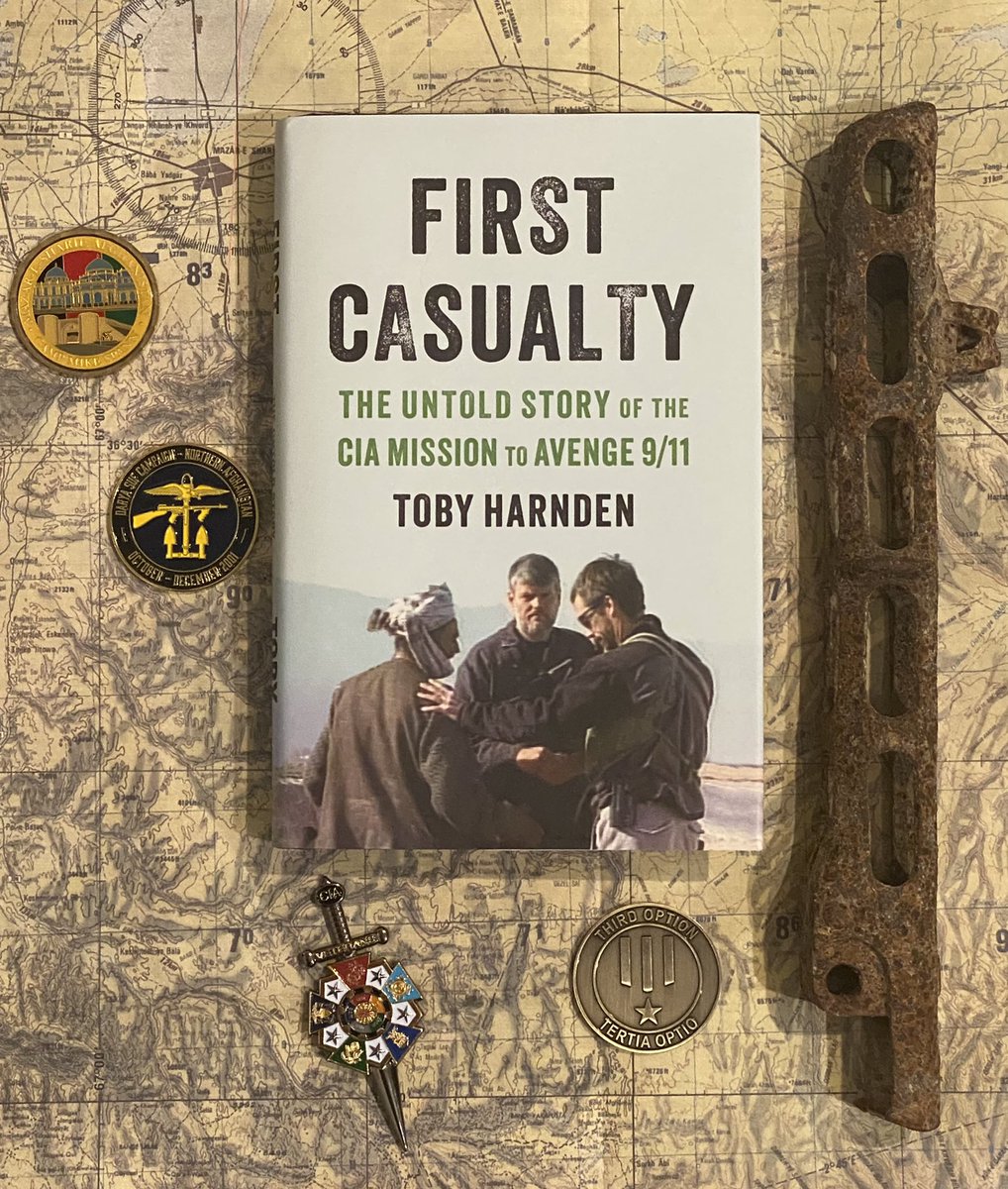 tobyharnden's tweet photo. My book “First Casualty” on Evasion Chart carried in Afghanistan by @CIA Team Alpha 2001. Tip of CIA Veterans dagger is on Dehi, site of initial CIA base. Top of Camp Mike Spann coin is Qala-i Jangi, where I recovered rusted PPSh-41 barrel. Also, CIA SOG &amp; Tertia Optio SAD coins. https://t.co/HmpRwMKUlY