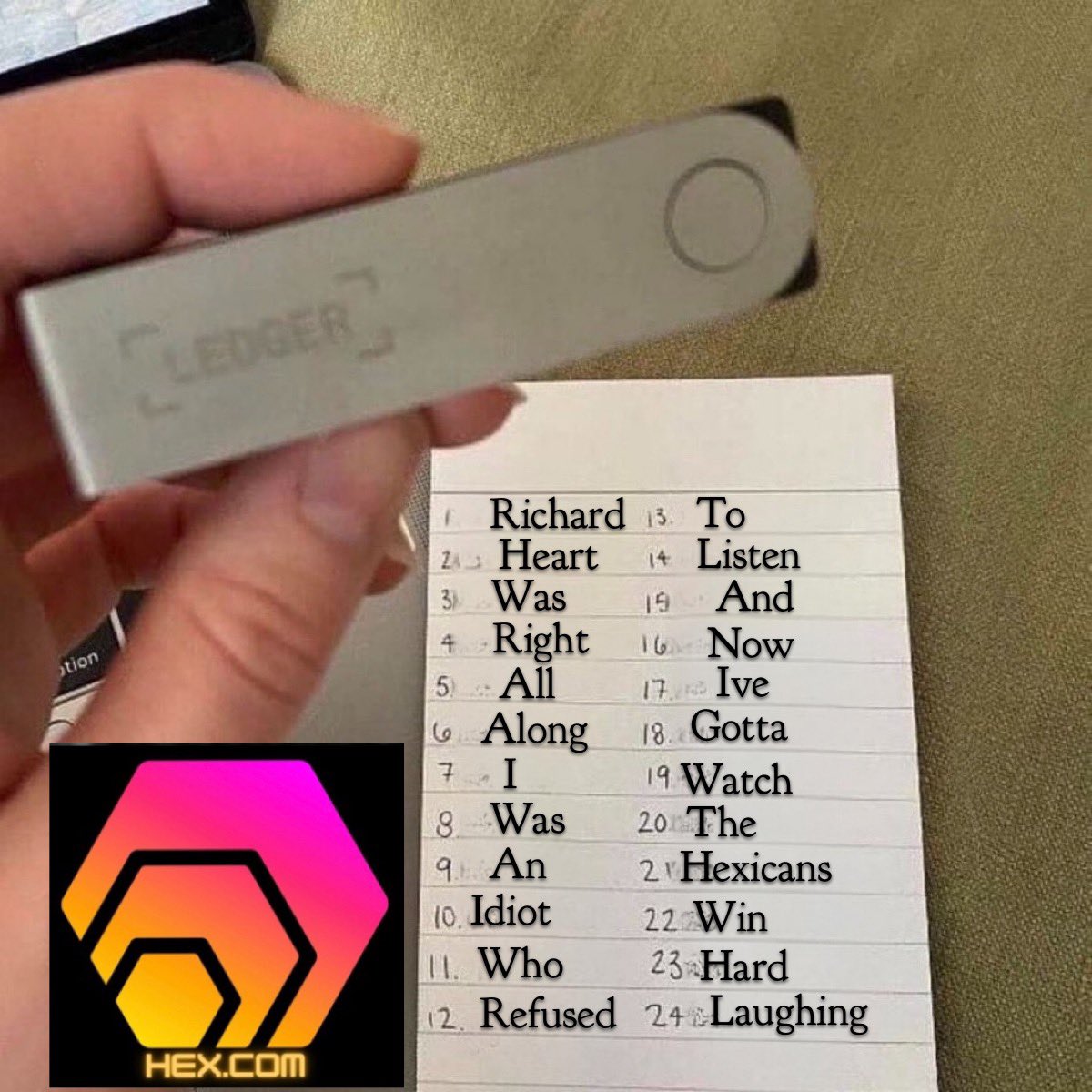 Hex4theWIN's tweet photo. @TheCryptoSniper #RichardHeartWasRight  this man has kept many from being apart of many failures in crypto. On behalf of all the plebs I'm still in custody of my coins and still having a fun time in this bear market. 
#Hexicans unaffected 
#richard #Heart #wasright 
Bow to @RichardHeartWin https://t.co/YAXPIckKQ2