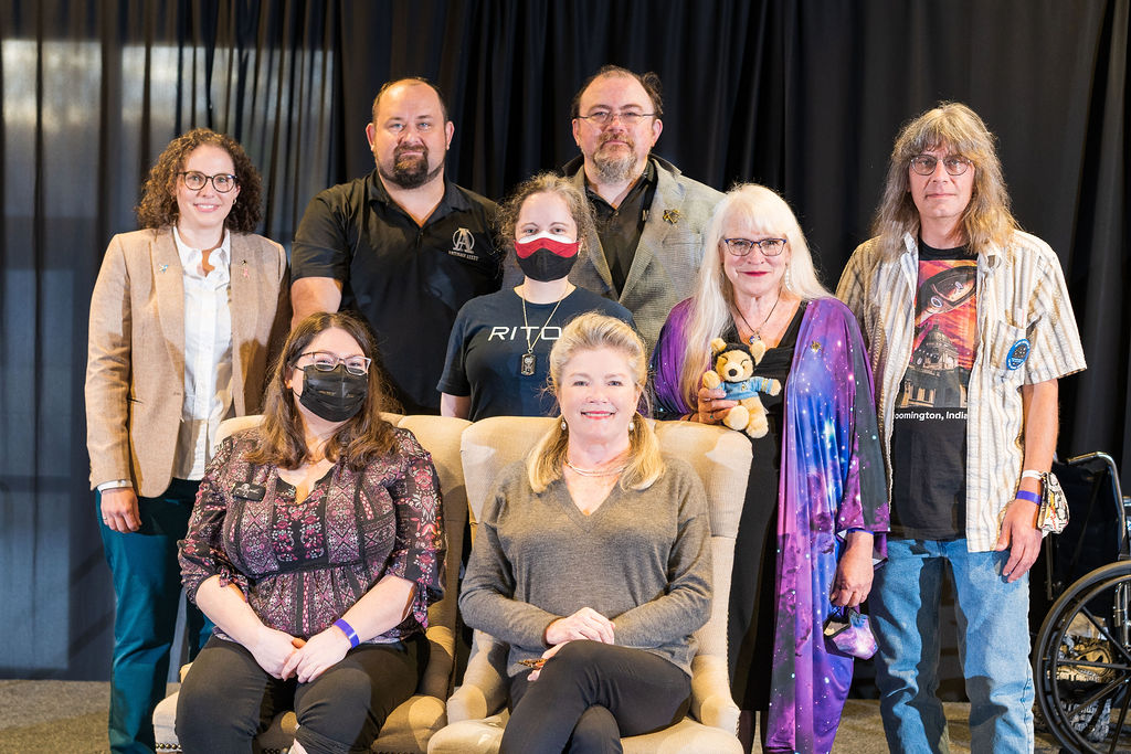 The Board of the Janeway Collective in 2022, the people who made the <a href="/TheKateMulgrew/">Kate Mulgrew</a> visit to Bloomington a reality. @pkaczmar3 <a href="/MBKaczmar/">Mary Beth and Spock Bear</a> <a href="/JennPint/">Jenn Pint</a> <a href="/ludibriumventis/">Time Traveler Incognito</a> @llawmaster <a href="/anahas84/">Adam Nahas</a> and Jenny Kelly. <a href="/janewaystatue/">The Janeway Statue</a> #Janewaystatue