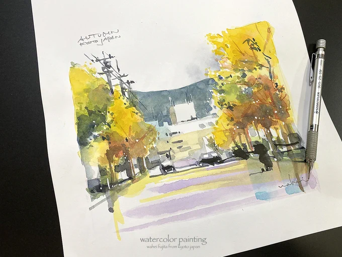毎度おなじみ100均画用紙でコンポジション。#Watercolor #スケッチ #水彩画 #淡彩略画 #透明水彩 #京都水彩画塾  #水彩画ワークショップ  #水彩画教室  #京都の絵画教室 
