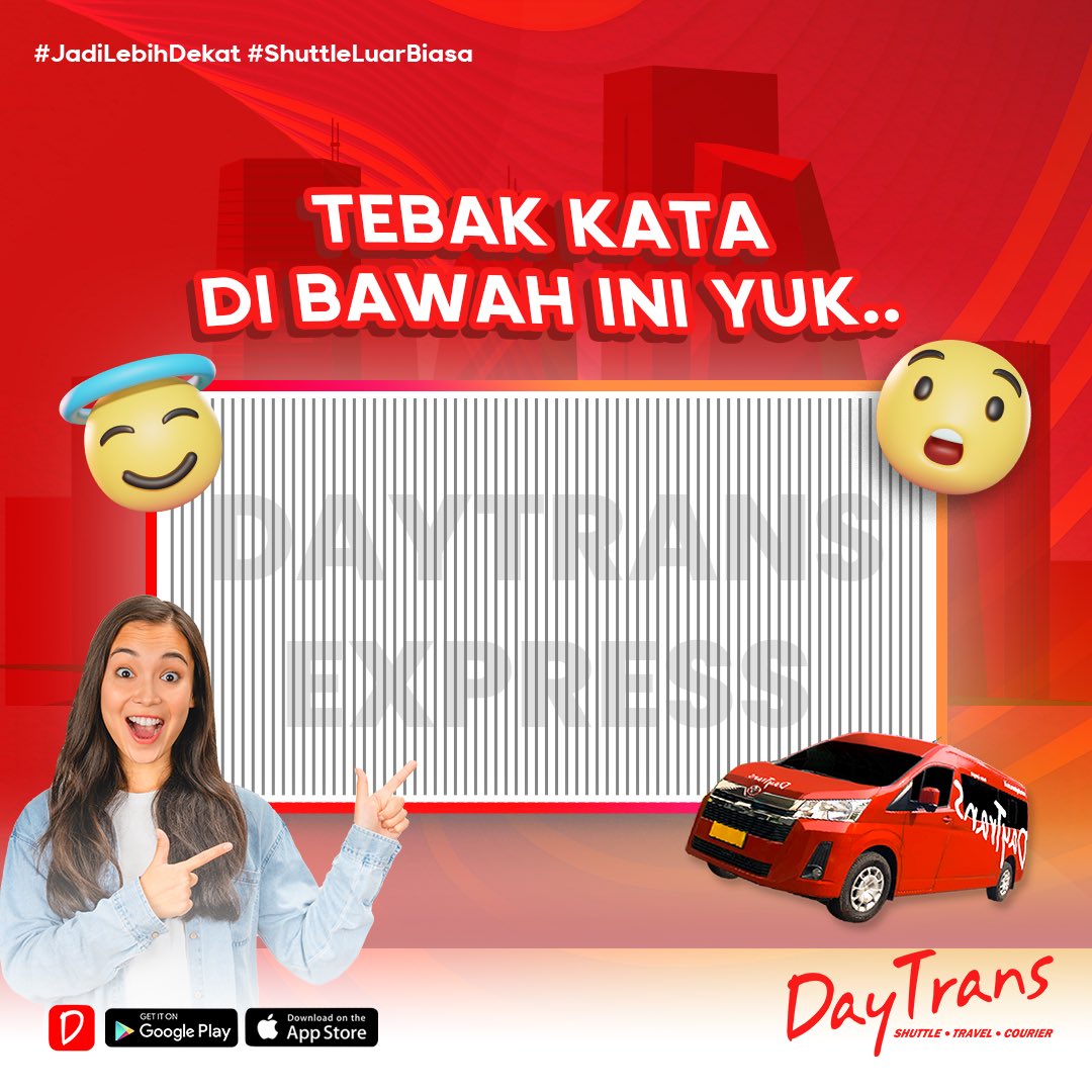 DayTrans (@daytransid) on Twitter photo Apa aja ya layanan DayTrans yang ada di gambar ini? 
Coba komen di bawah buat yang tau jawabannya!
#JadiLebihDekat #Daytrans #Daymall #DayTransExpress #KirimMakanan #Sameday #kirimpaket #shuttle #ShuttleLuarBiasa Apa aja ya layanan DayTrans yang ada di gambar ini? 
Coba komen di bawah buat yang tau jawabannya!
#JadiLebihDekat #Daytrans #Daymall #DayTransExpress #KirimMakanan #Sameday #kirimpaket #shuttle #ShuttleLuarBiasa