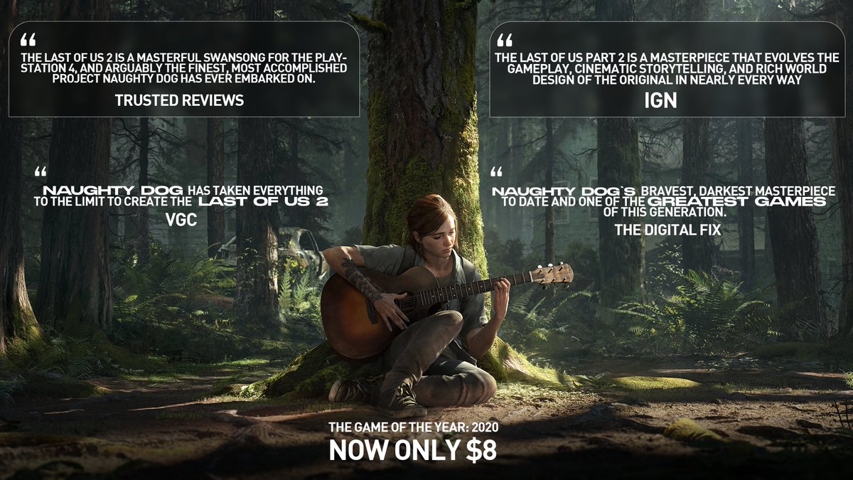 NaughtyNDC's tweet photo. The Last of Us: Part II — The Game of The Year 2020 and the award-winning story is on SALE for only $8 on the PlayStation Store.

Offer ends on 28th November.

Tip: If you haven't played it, do it. Don't listen to negative reviews. Trust us, this will be worth every penny. https://t.co/I7RLB2Dcyb