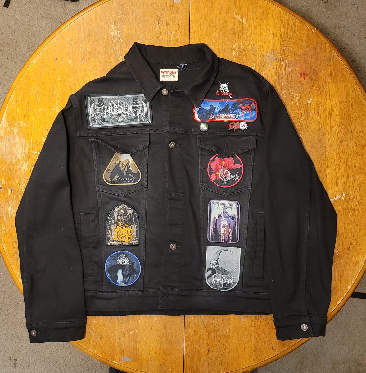 peartnoy's tweet photo. New battle jacket finally finished just in time for winter. Huge shout out to Pull The Plug for making the best patches out there. #opeth #hoodedmenace #tribulation #panopticon #midnight #wolvesinthethroneroom #agalloch #ulver #woodsofypres #paradiselost #hulder #stormkeep https://t.co/VEVvGD9TgS