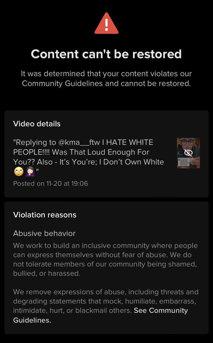 blessed3254's tweet photo. @tiktok_us  THIS DOES NOT VIOLATE COMMUNITY GUIDELINES STOP WITH THE BULLSHIT!!! YOU REMOVE A VIDEO THAT CONDEMNS RACISM BUT ALLOW RACISTS TO SPEAK FREELY!!! https://t.co/tvm1dhTflm