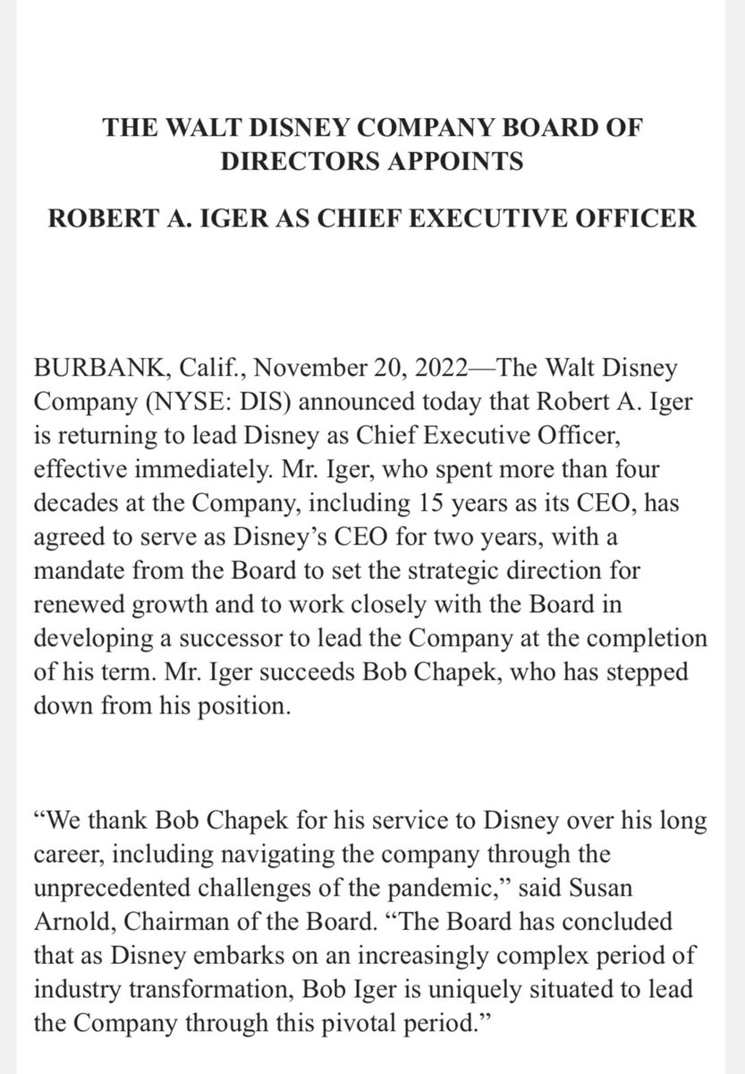 sarafischer's tweet photo. A shocker in the biz and entertainment world. Bob Iger returns as CEO after Wall Street turned on Disney https://t.co/ryipPHxSnz