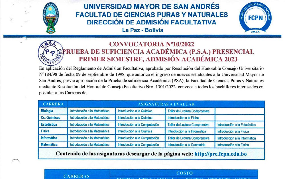 Facultad de Ciencias Puras y Naturales UMSA 2023: Convocatoria a la Prueba de Suficiencia Académica dlvr.it/Sd5qM5