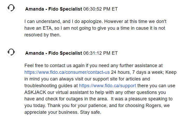 abuanandhere's tweet photo. @FidoSolutions This is how your specialist ended the live chat with no chance for the customer to respond. Really unfortunate @Fidomobile https://t.co/4OSrhy17pZ