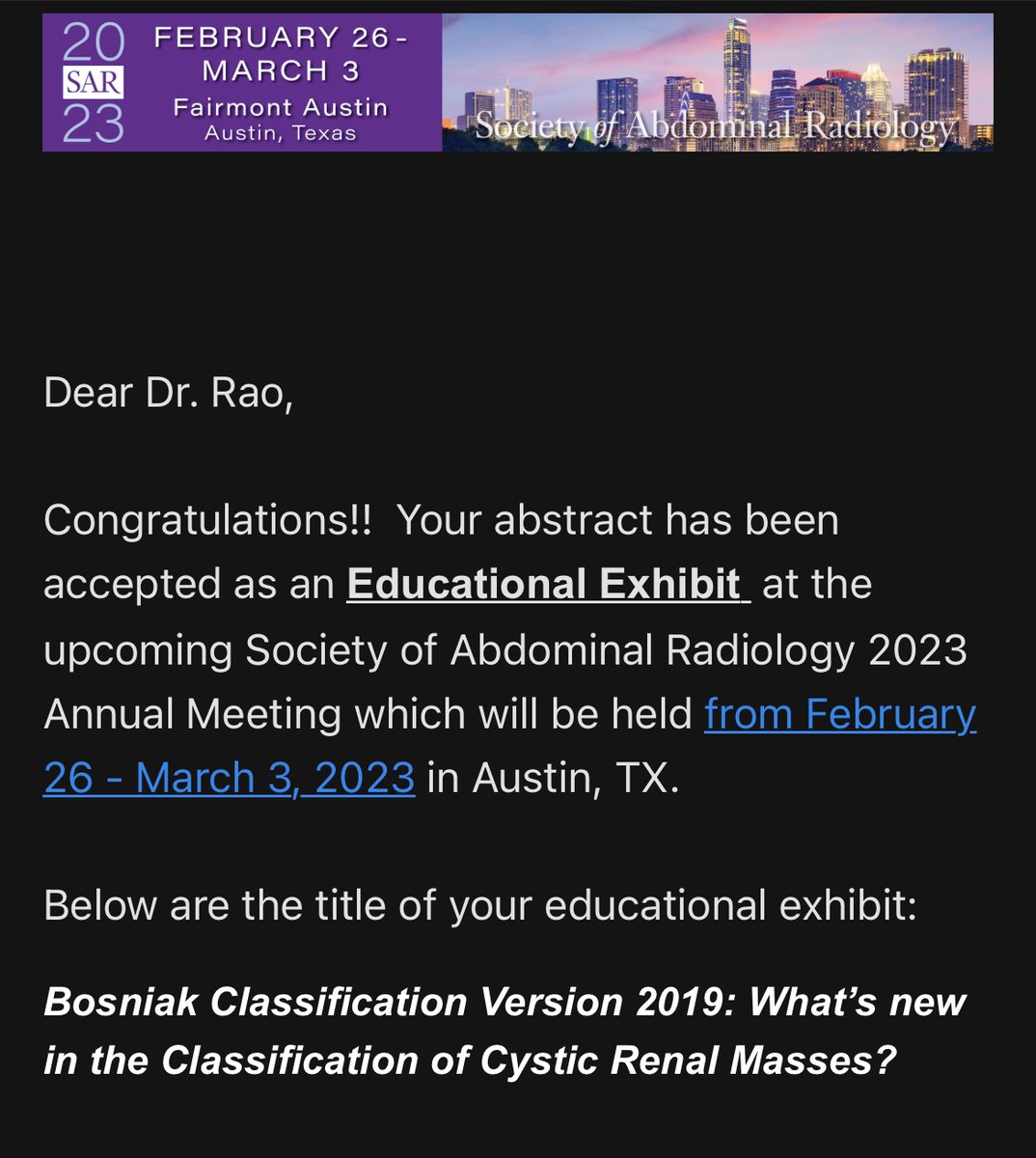 Happy to share that my educational exhibit was accepted for presentation at SAR 2023 annual meeting! Thank you to my mentor, <a href="/rnicola04/">Refky Nicola, M.S. D.O.</a> for all the guidance. #futureradres