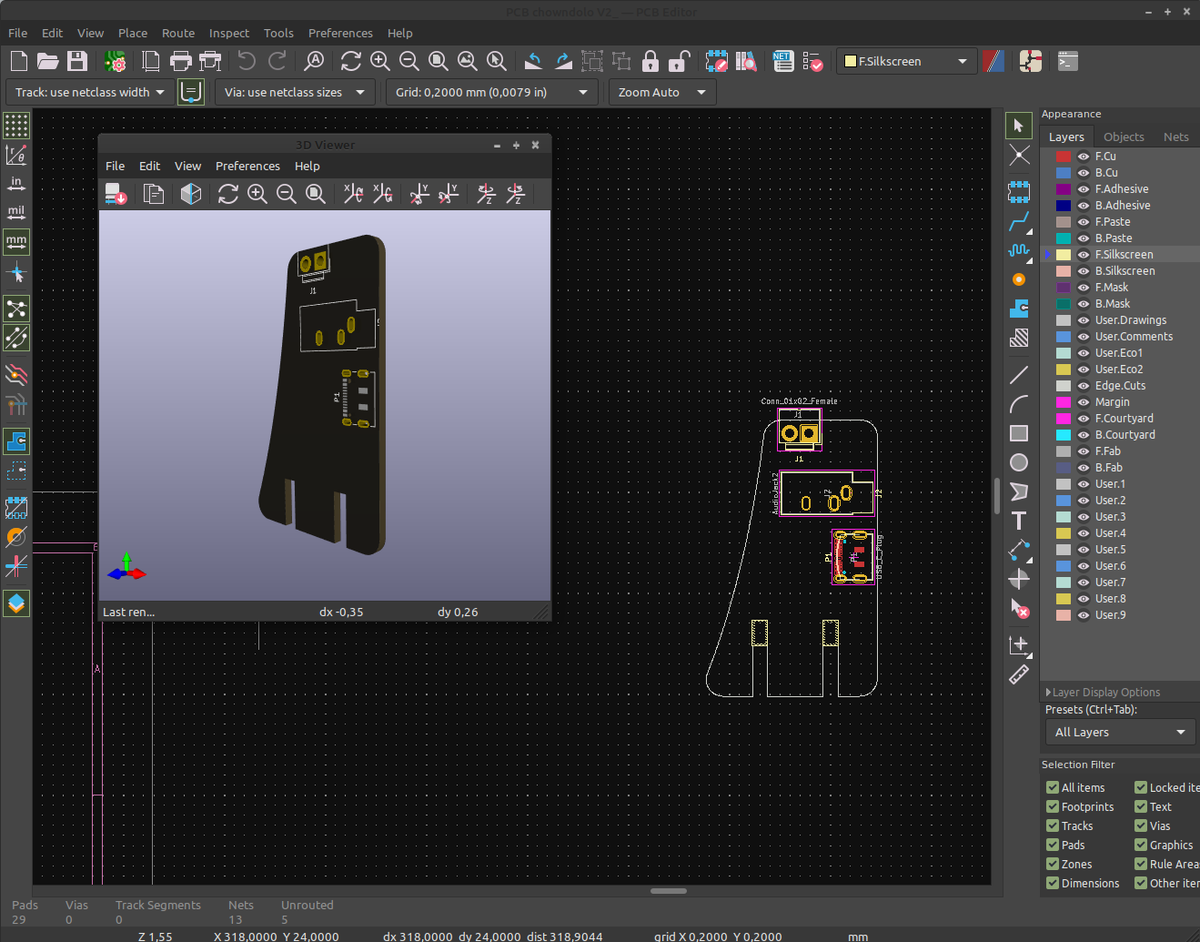 Chihauccilconte's tweet photo. For the Chowndolo we will try to make a PCB with slots so that it can be attached to the main structure in a very easy way (as usual using #FreeCAD + #KiCAD) @_Giaggia   #design #chowndolo #PCB #instrumentdesign #interactiondesign #tui #lasercutting #PCB #pcbdesign #music #sound https://t.co/F8leEsF68z