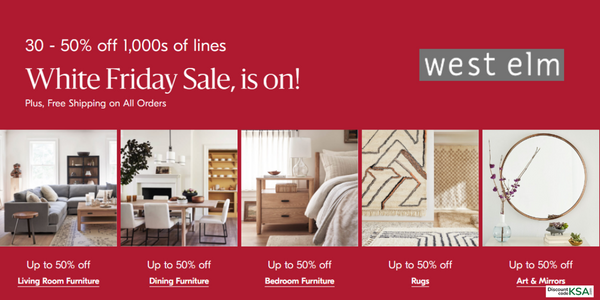 DiscountcodeKsa's tweet photo. 💥West Elm White Friday Sale💥
💖Get Up to 30-50% OFF 1,000s Of Line + Free Shipping on All Orders💖
So, don't miss the best offer. Shop Now!🥳🥳
Click Here-https://t.co/8Drce0hd31
#Discountcodeksa #KSA #Arabdeal #Whitefridaysale #Furniture #homedecor #onlineshopping https://t.co/9aWEcYef1s