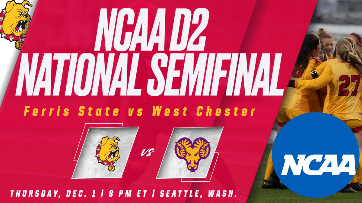 UP NEXT! Ferris State Women's Soccer will face West Chester (Pa.) in the NCAA D2 National Semifinals on Thursday, Dec. 1, at 8 pm ET in Seattle (Wash.) at the D2 Fall Festival! Winner moves into the national title game on Dec. 3! <a href="/FSUWSO/">Ferris State Soccer</a>