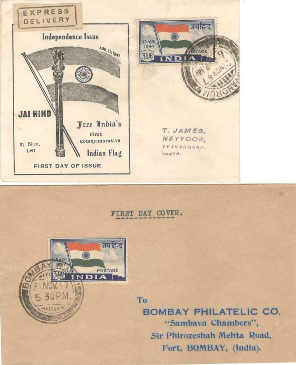 KPSbangalore's tweet photo. #onthisday in 1947 #India issued the #Firstpostagestamp after attaining it's Independence.
The 3&half Annas #stamp depicts the Indian Flag with the patriots slogan #JaiHind .
These are 2 covers with first day cancellation.
#Philately #Bangalore #firstdayofissue https://t.co/alLaK8rTbh