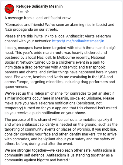 Join the new local Meanjin antifascist alert channel: t.me/antifaalertsme…