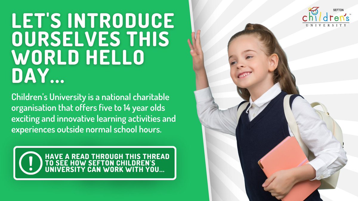 SeftonCU's tweet photo. 1/4 We're delighted to have welcomed a number of new #Primary schools and #LearningDestinations to our @CU_Trust family this yearπ! This #WorldHelloDay we'd like to introduce ourselves, take a look at this thread to read more about Sefton Children's University πππ https://t.co/ibb9pgH0NB